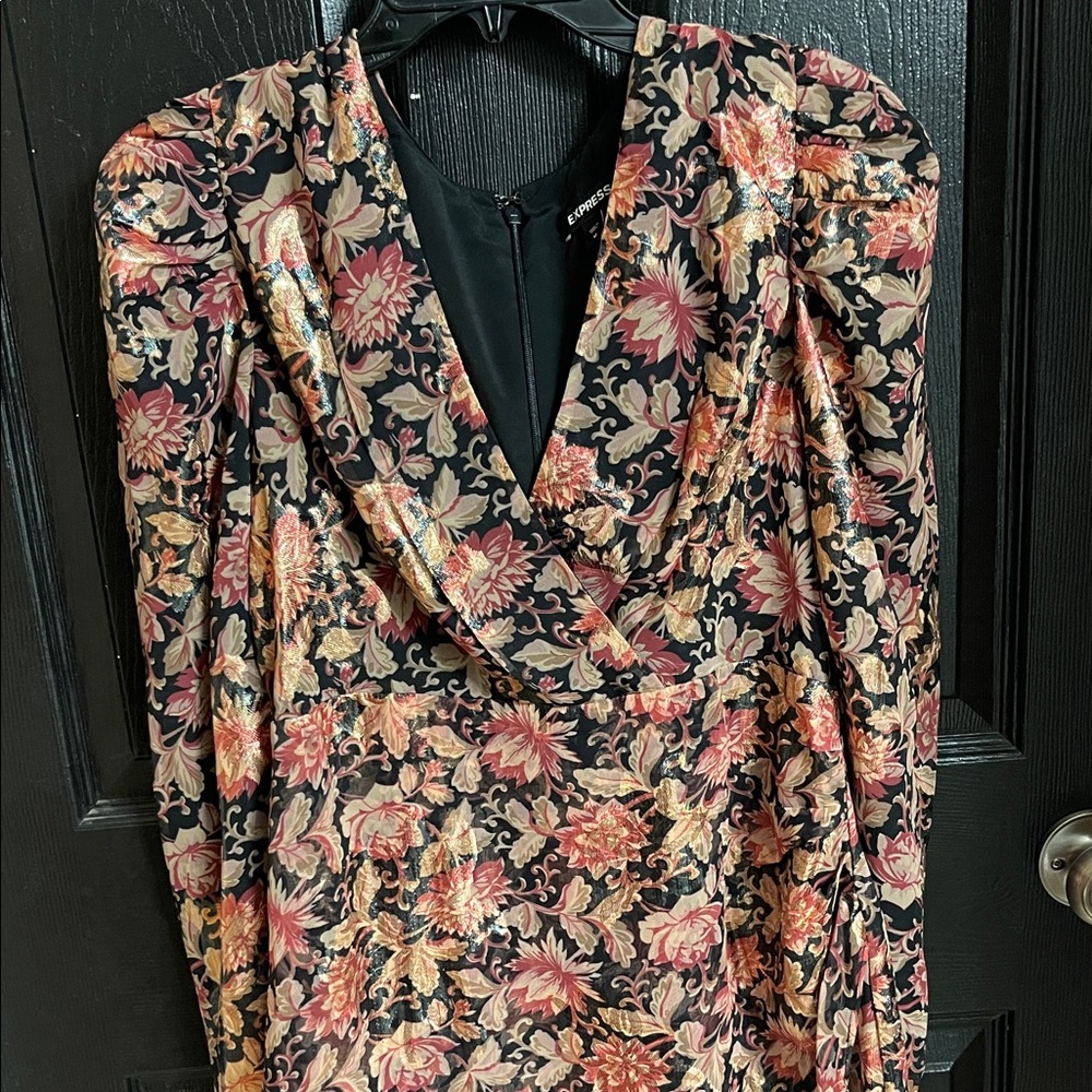 Express Black Long-Sleeve Floral Wrap Dress with Gold and Pink Accents